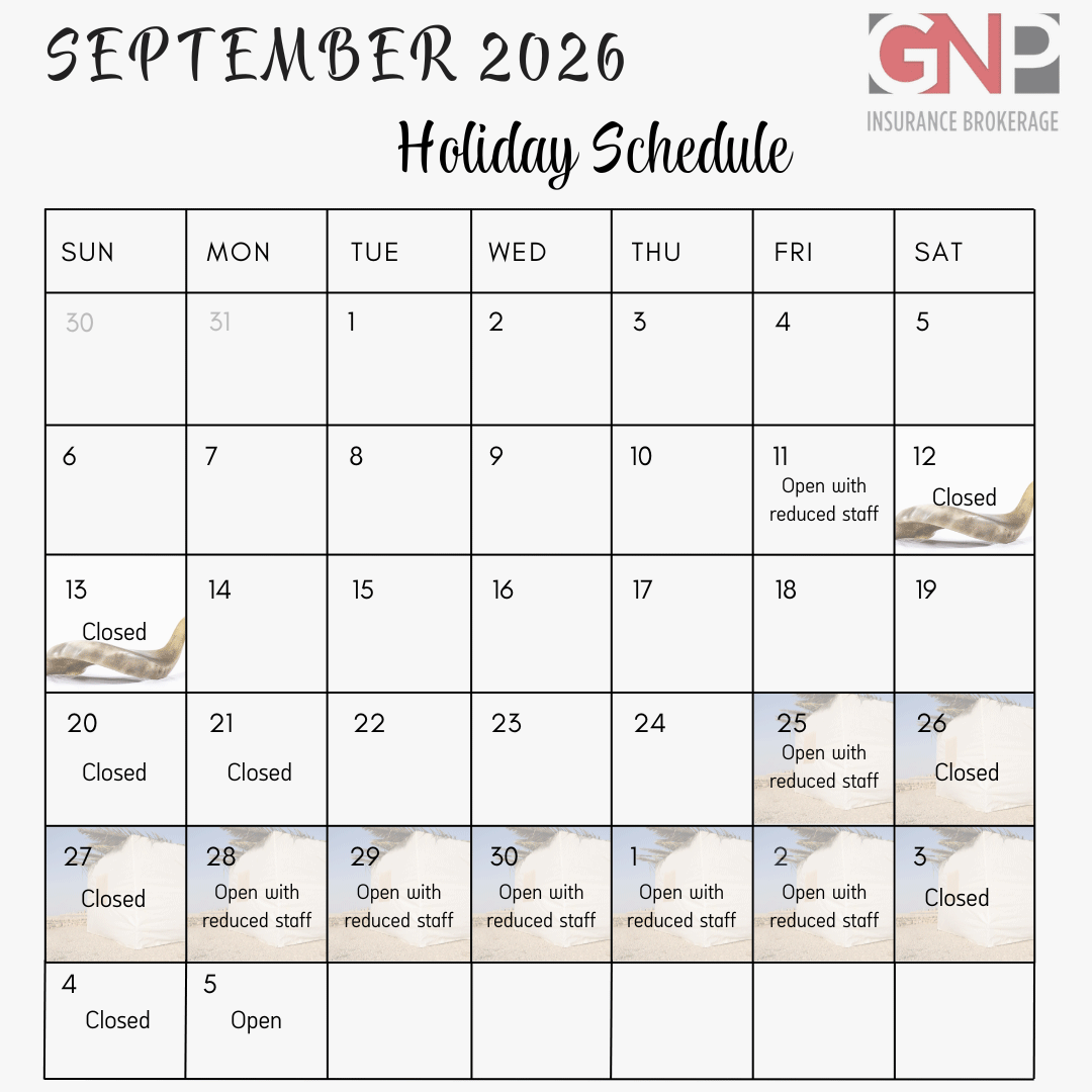 September 2026 Holiday Schedule. 
Open with reduced staff on the 11th, 25th, 28th - October 2nd
Closed on the 12th, 13th, 26th, 27th, and October 3rd - 5th